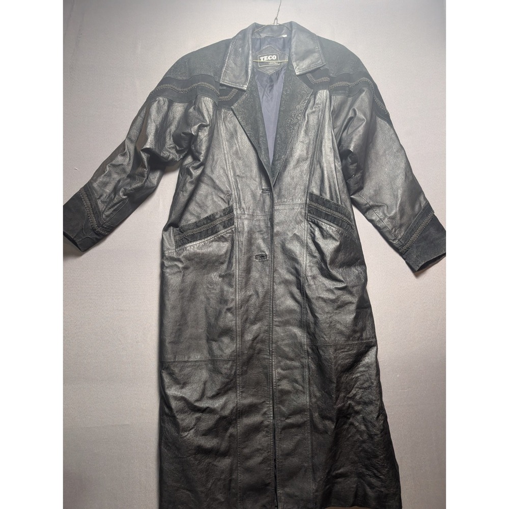 Teco Leather Trench Coat Womens Large Black Embroidered Panel Single Breasted